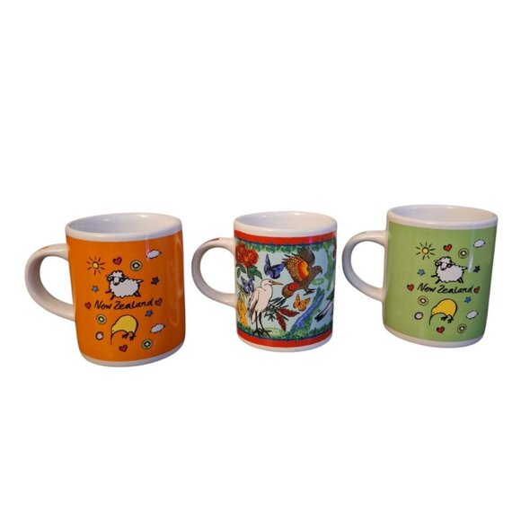 New Zealand Mug Cup Mini Espresso Vintage Set of 3 Unmarke Small Kiwi Bird Sheep - Picture 2 of 9
